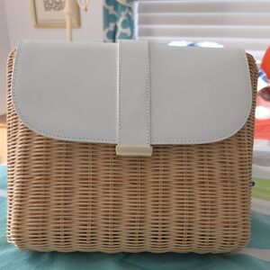 Woven Rattan Crossbody Bag with White Leather Flap